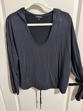 Express Black V-Neck Hooded Long Sleeve Pullover